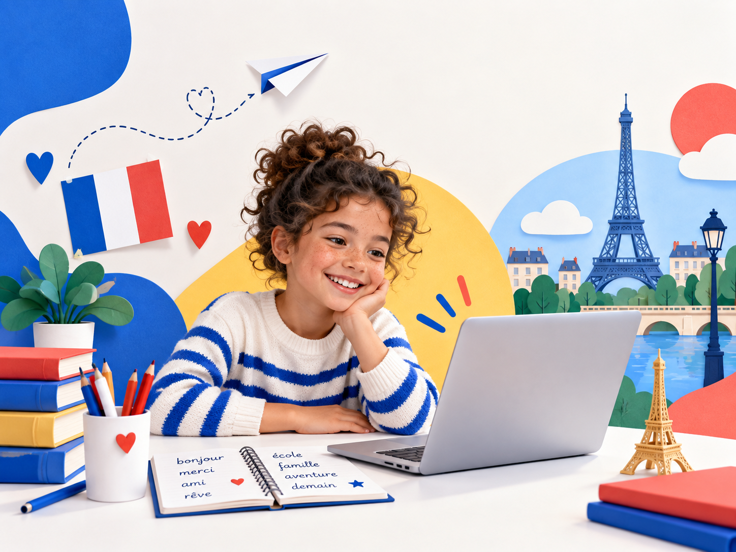 Copil învățând franceza online